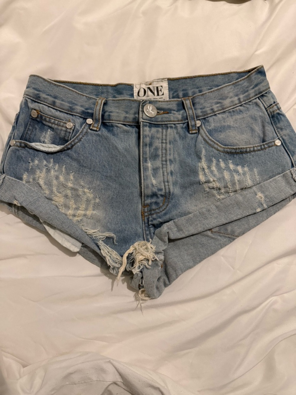 One Teaspoon Light Blue Distressed Denim Jean Shorts